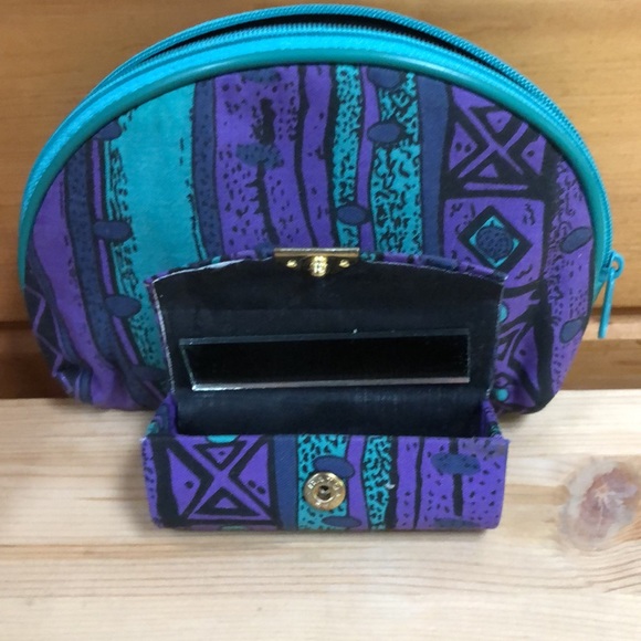 Vintage Geometric 80’s Style Makeup Pouch Mirror Lipstick Carrier Hand Bag - Picture 8 of 10